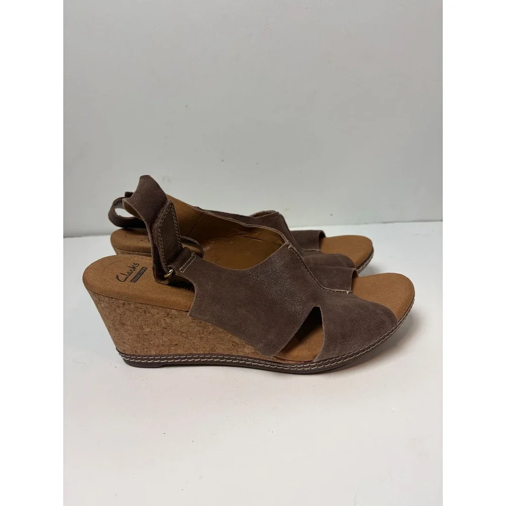 Clarks Collection Brown Suede Cork Wedge Sandals Slingback 26108746 Womens 9.5 M